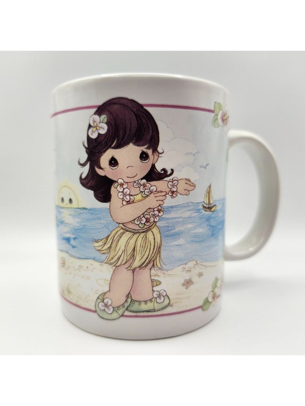 Precious Moments Hula Girl Mug Hawaiian Beach Scene Sailboat 12oz Wahini